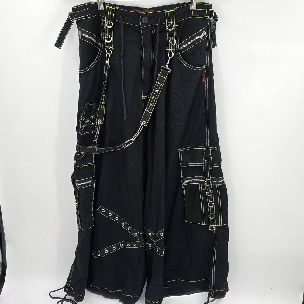 Tripp NYC Mens Black Green Contrast Stitch Wide Leg Cargo Goth Punk Pants Small